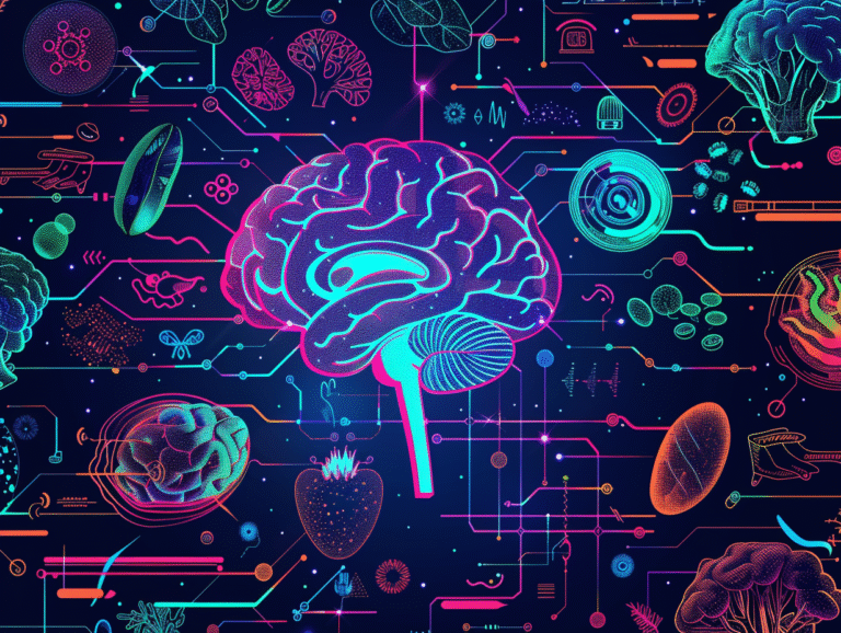 Futuristic illustration of the human brainstem with glowing circuits, symbolizing hindbrain regulation of appetite and energy balance.