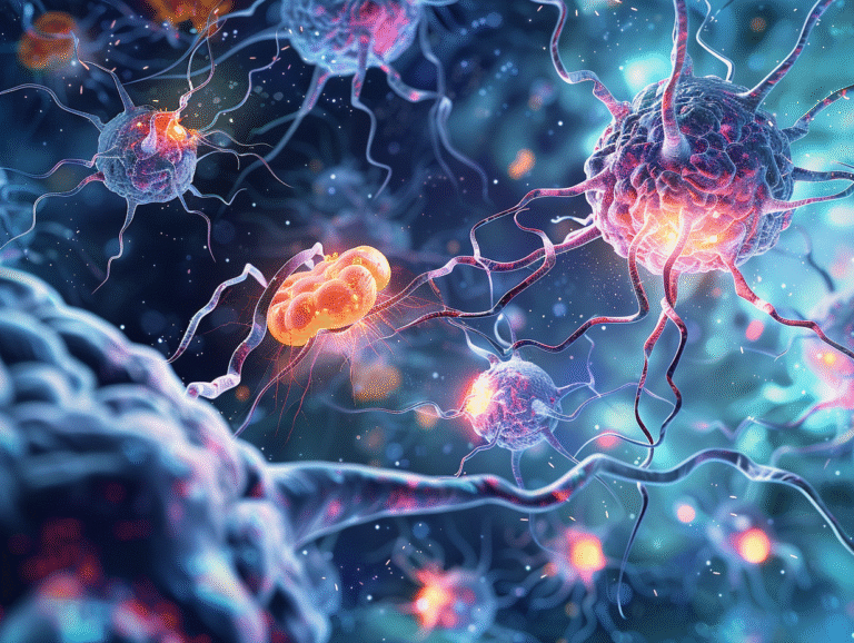 Illustration of alpha-synuclein oligomers forming toxic pores in neuron cell membranes, showing Parkinson’s disease brain damage at microscopic level.