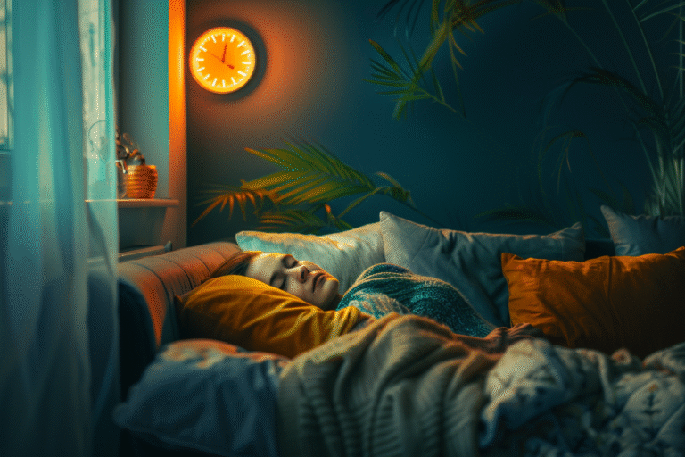 Visual of an older adult resting peacefully at home with a steady clock nearby, symbolizing the role of sleep regularity in heart failure recovery after hospitalization.