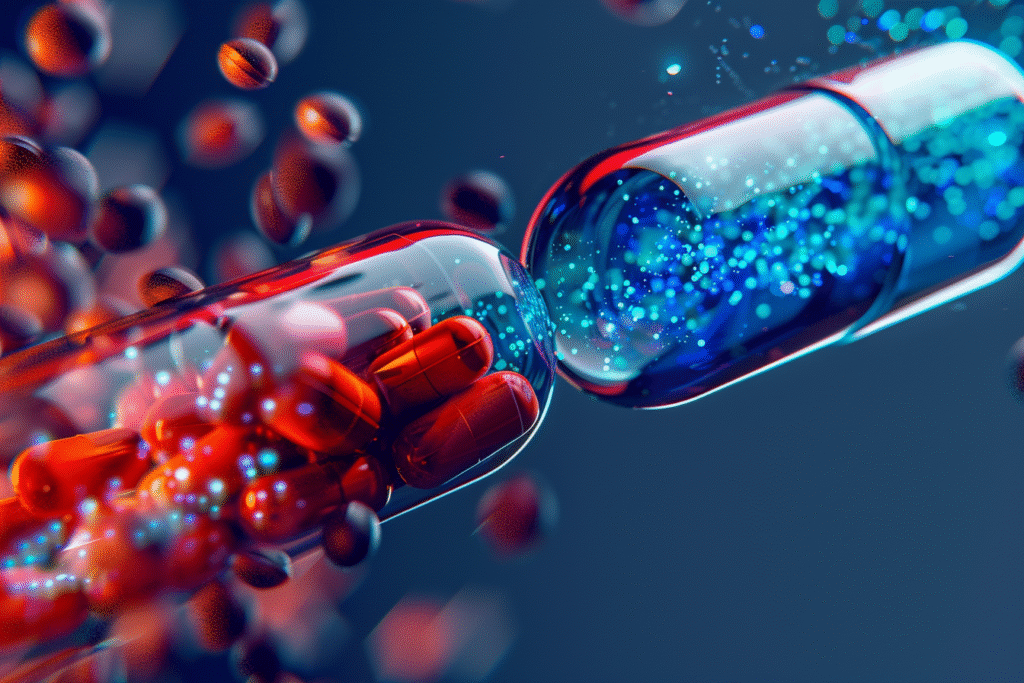 Medical concept art comparing nausea-causing treatments with a glowing peptide symbolizing nausea-free therapy for obesity and diabetes.