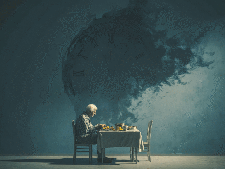 Elderly person reaching for a late breakfast as the food fades into a shadowy clock, illustrating the link between delayed meals, declining health, and mortality risk.
