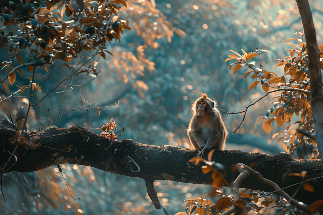 A rhesus macaque mother sitting on a tree branch in a tropical forest.