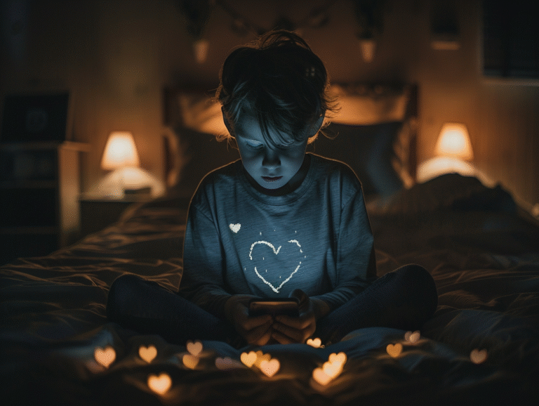 A child sitting in a dark room lit only by a smartphone screen, with shadows forming into broken hearts and social media icons to symbolize digital overload and mental health struggles.