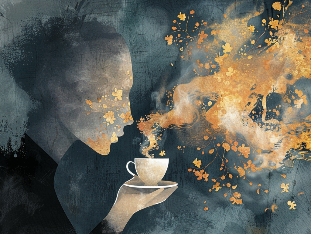 Artistic depiction of a person holding a cup of coffee to their nose but unable to smell it, with ghost like neurons breaking apart in the background, representing early olfactory dysfunction linked to Alzheimer’s disease.