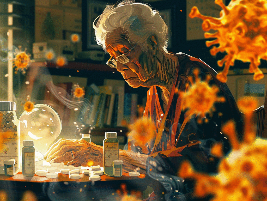 Artistic depiction of an elderly patient in a care facility with multiple pill bottles on a table, while magnified bacteria show resistant genes, representing polypharmacy and the rising risk of antimicrobial resistance.