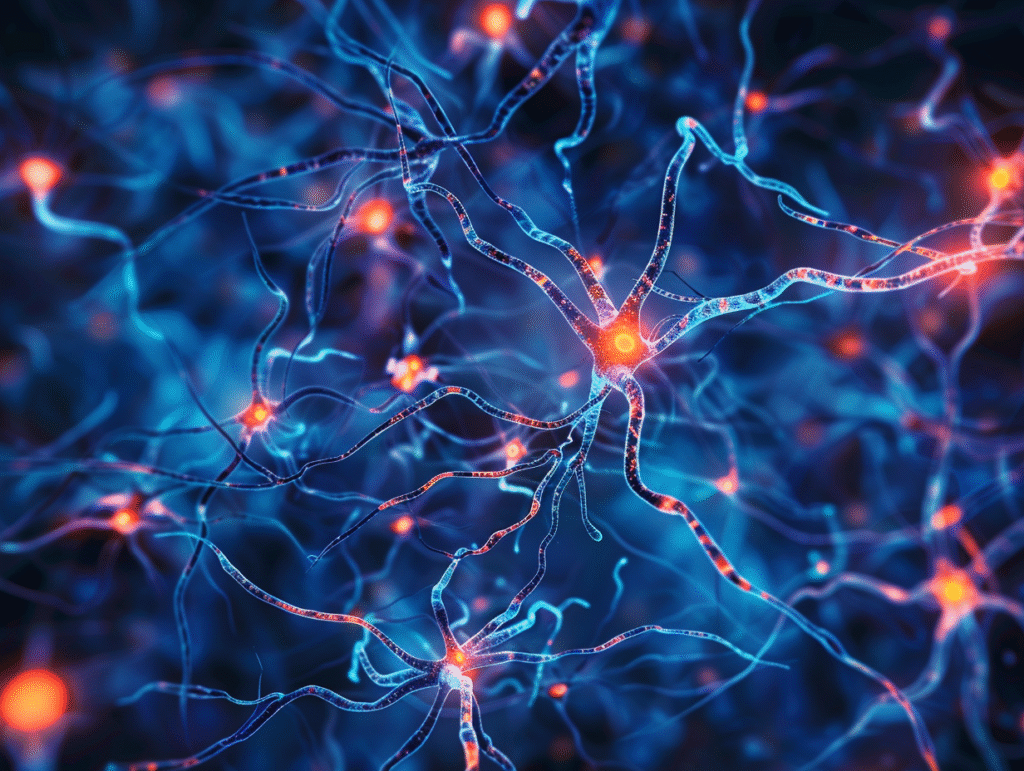 Medical art of neurons with healthy glowing synapses when lithium is present, fading into broken and tangled neurons without lithium, representing memory loss and Alzheimer’s disease.