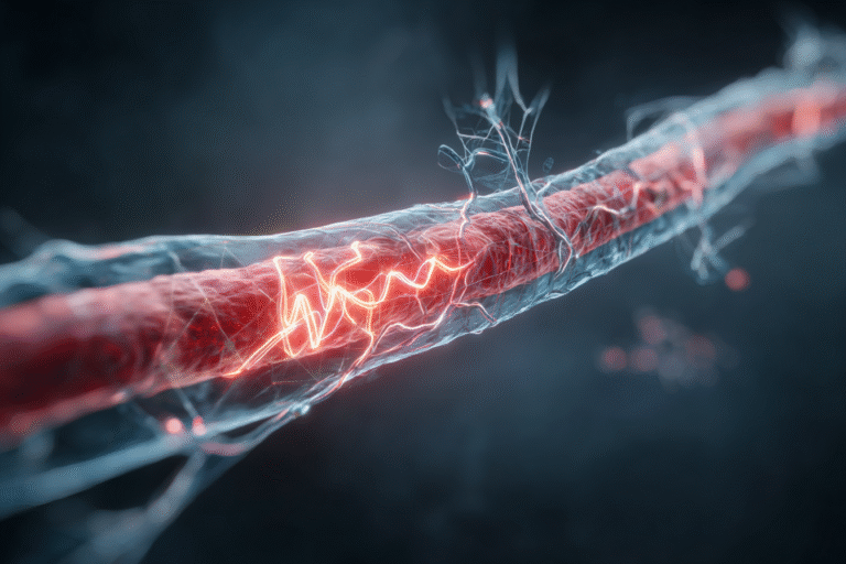 Medical illustration comparing healthy and stiffened arteries to show accelerated vascular ageing after COVID-19, highlighting increased pulse wave velocity.