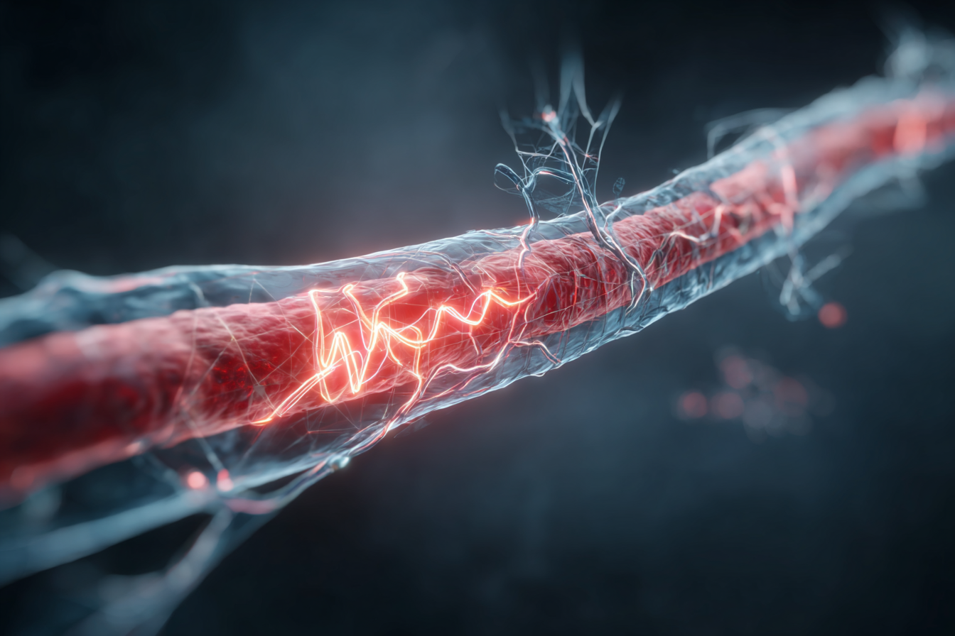 Medical illustration comparing healthy and stiffened arteries to show accelerated vascular ageing after COVID-19, highlighting increased pulse wave velocity.