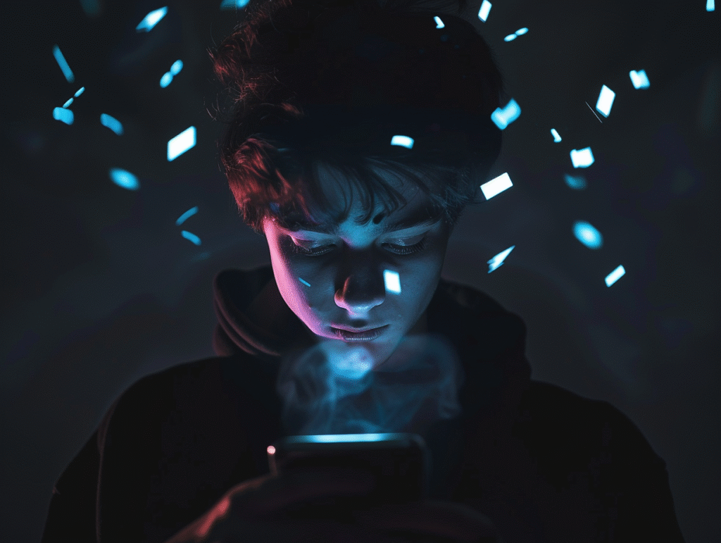 Image of a young person a glowing digital screen of smartphone and social media icons,