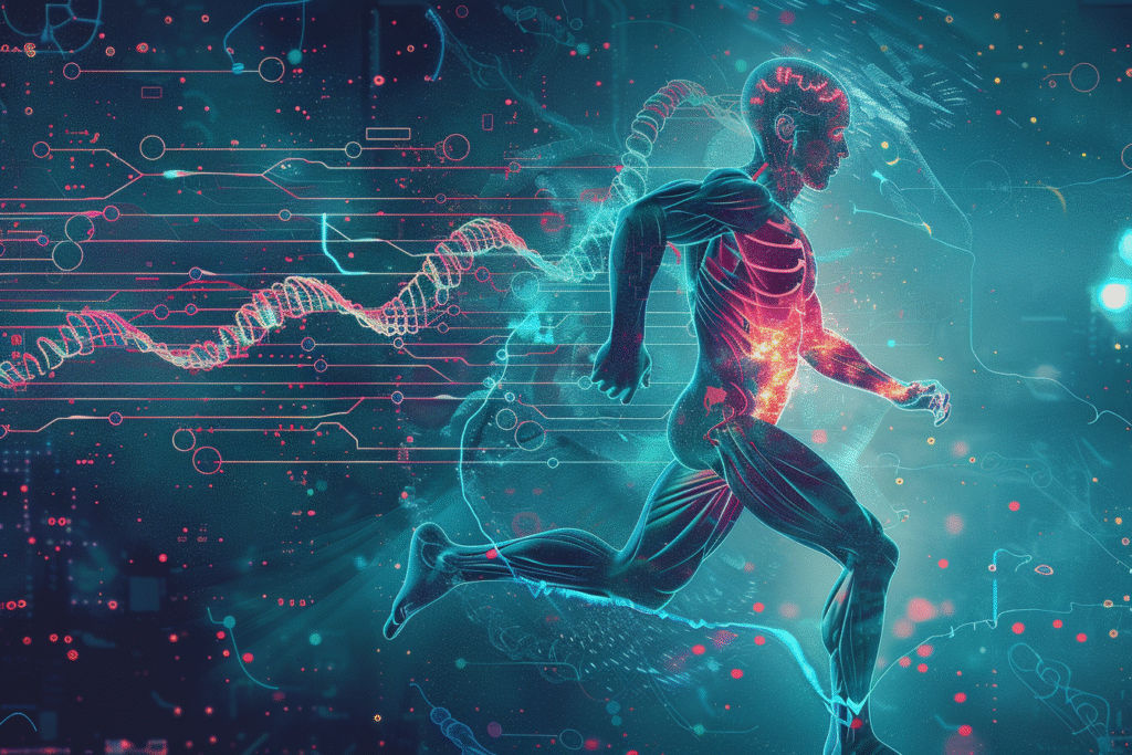Artwork of multiple organs (heart, muscles, brain, liver) connected by glowing circuits of DNA strands, with a runner silhouette in the center.