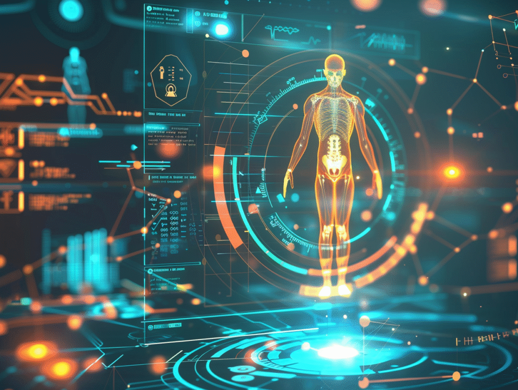 Futuristic health concept art showing BMI scale fading in the background