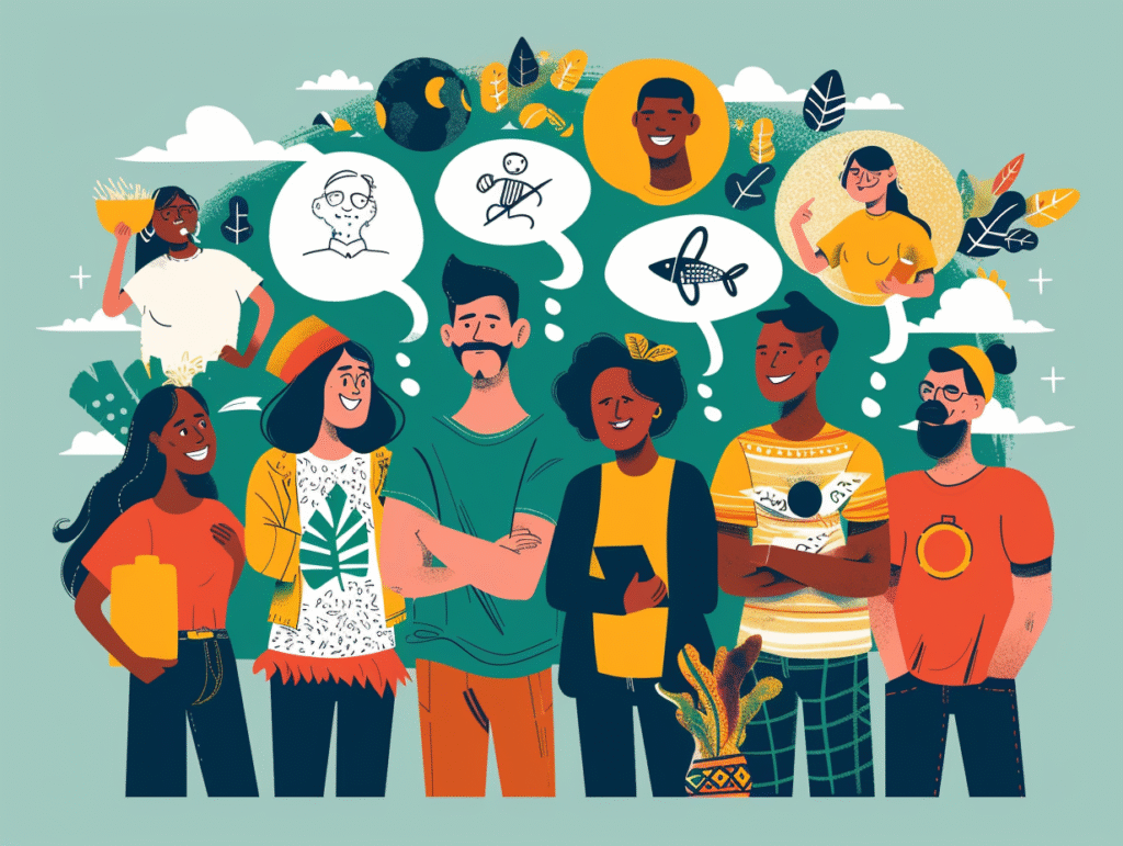 Flat illustration of diverse people from different cultures students, farmers, and office workers making decisions using gut feelings, careful thinking, or advice, highlighting universal self-reliance.