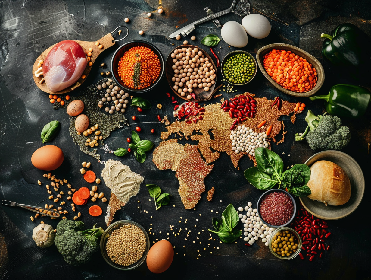 World map creatively made from protein-rich foods, half formed with animal proteins like fish, chicken, eggs, and dairy, and half with plant proteins like beans, lentils, soy, and quinoa, symbolizing global nutrition balance and longevity.