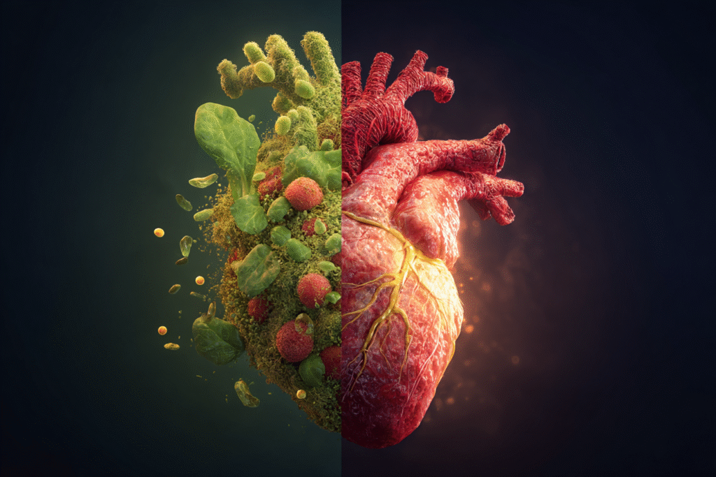 Split-screen showing an unhealthy heart surrounded by harmful oral bacteria on one side and a healthy glowing heart supported by nitrate-rich foods and beneficial bacteria on the other.