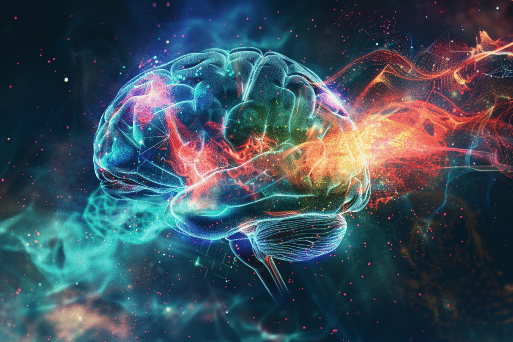 Illustrated human brain with glowing electrical signals highlighting recognition of repeated images, symbolizing how Fastball EEG measures memory function for dementia diagnosis.