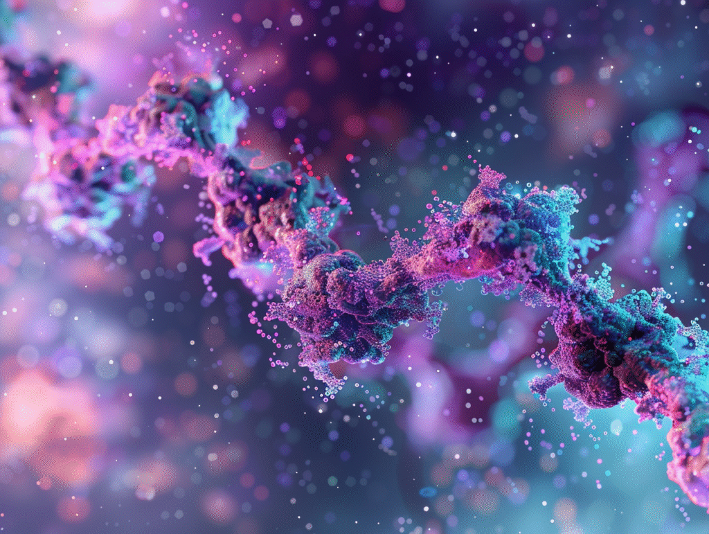 Cryo electron microscopy style 3D visualization of HERV K Env protein, tripod-shaped trimer shown in prefusion and postfusion states, highlighting structural biology breakthrough.