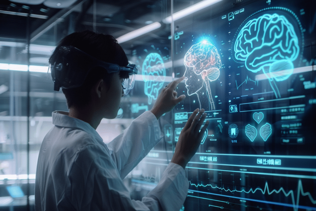 Doctor reviewing holographic Fastball EEG results comparing healthy brain activity versus Mild Cognitive Impairment brain, showing a futuristic approach to Alzheimer’s screening.