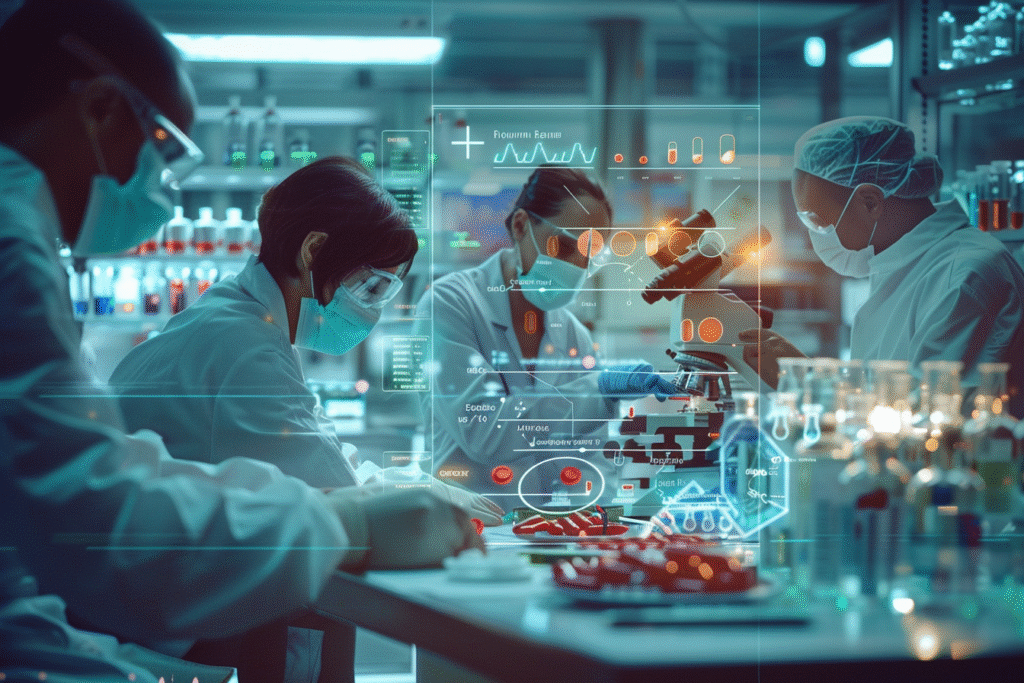 Futuristic lab with researchers examining blood samples, holographic chart showing copper decrease, iron decrease, zinc increase, and vitamin B12 deficiency linked to metformin use.
