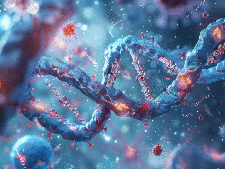 Scientific illustration of human DNA double helix with glowing HERV K viral fragments embedded, surrounded by cancer cells and neurons, symbolizing links to disease and therapy.