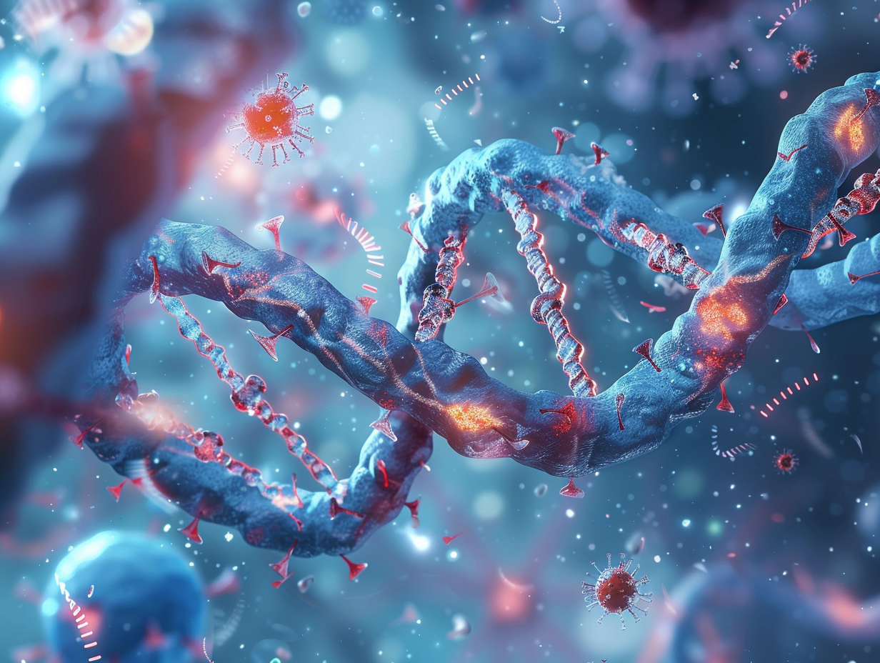Scientific illustration of human DNA double helix with glowing HERV K viral fragments embedded, surrounded by cancer cells and neurons, symbolizing links to disease and therapy.