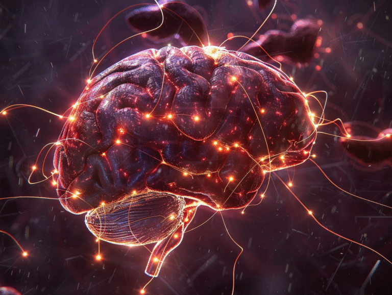 Medical illustration of the human brain highlighting ventromedial hypothalamus neurons connected to liver and fat tissue, showing how the brain regulates blood sugar during fasting