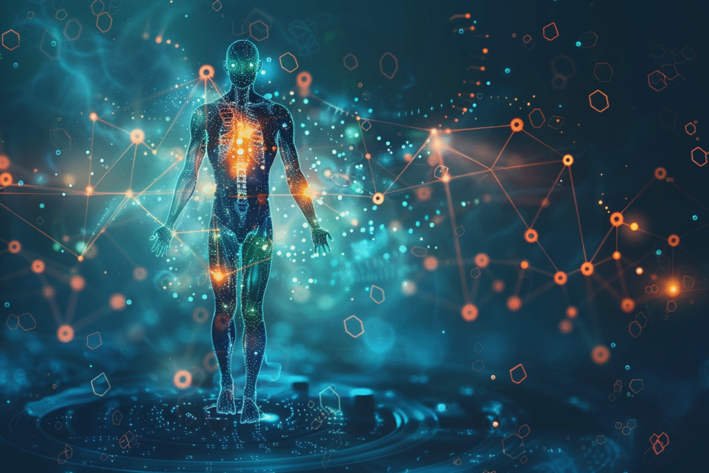 Concept art of a diabetes patient silhouette with glowing balance scales of copper, iron, and zinc inside the body, symbolizing how metformin shifts metal levels and nutrient balance.