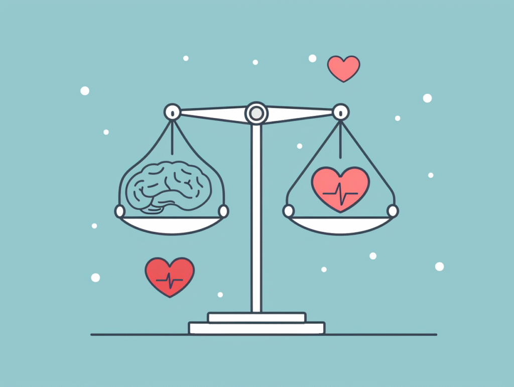 Minimal infographic of a balanced scale comparing self-reliance with intuition and deliberation on one side, and advice from friends or crowds on the other, symbolizing autonomy versus guidance.