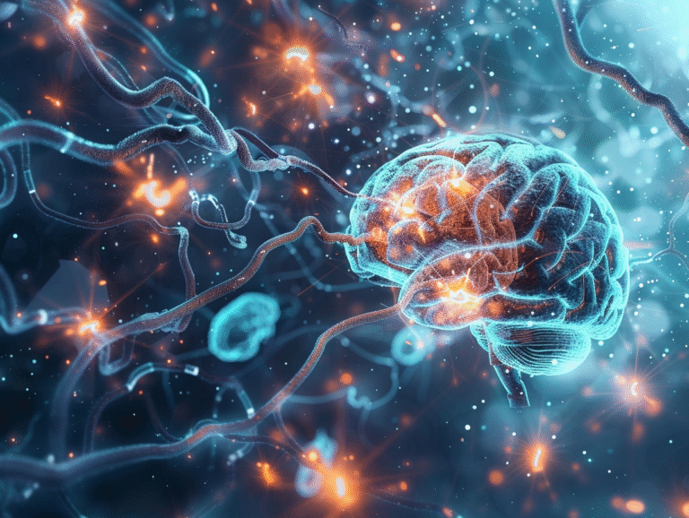 Scientific concept illustration of a human brain with glowing lithium particles protecting neurons, contrasted against dark amyloid plaques and tau tangles spreading in the background, symbolizing lithium deficiency and Alzheimer’s progression.