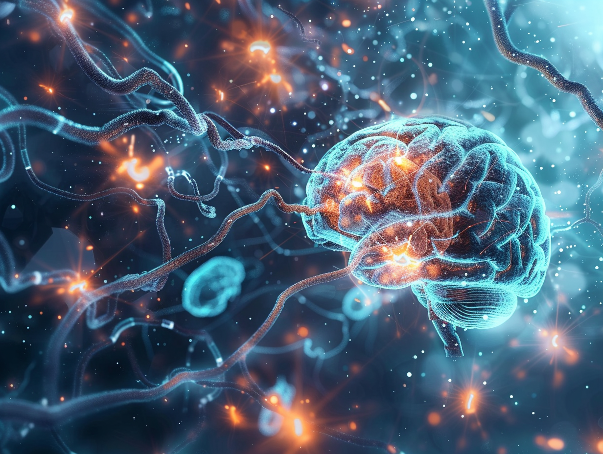 Scientific concept illustration of a human brain with glowing lithium particles protecting neurons, contrasted against dark amyloid plaques and tau tangles spreading in the background, symbolizing lithium deficiency and Alzheimer’s progression.