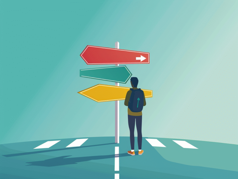 Illustration of a person at a crossroads with signposts for intuition, deliberation, friends’ advice, and wisdom of crowds, symbolizing global decision-making strategies.