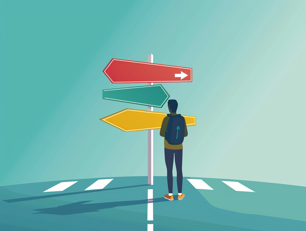 Illustration of a person at a crossroads with signposts for intuition, deliberation, friends’ advice, and wisdom of crowds, symbolizing global decision-making strategies.