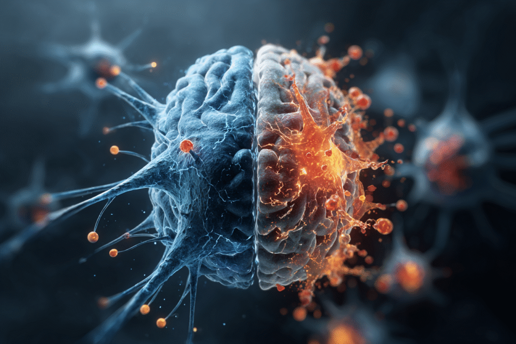 Split-scene artwork showing one side of the brain in cool blue with serotonin and dopamine, and the other side in fiery red-orange with immune cells and inflammation, highlighting dual drivers of psychiatric disorders.