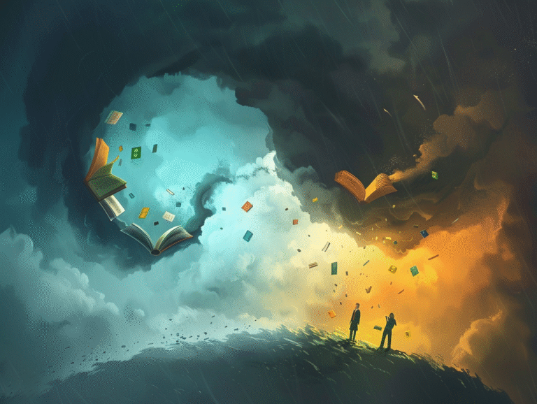Illustration of the happiness U-curve turning into a downward slope, showing distressed young adults under dark storm clouds with anxiety symbols and older adults in calm sunlight above.