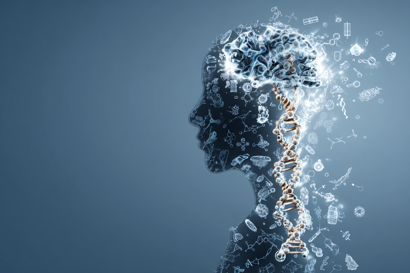 Abstract cover art of a human silhouette filled with glowing immune cells, DNA strands, and icons for schizophrenia, Alzheimer’s, depression, and bipolar disorder, representing breakthrough psychiatric research.