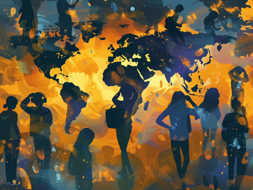 Global concept art of youth mental health crisis with a fragmented glowing world map, distressed young silhouettes in despair, and elderly figures surrounded by warm peaceful light.