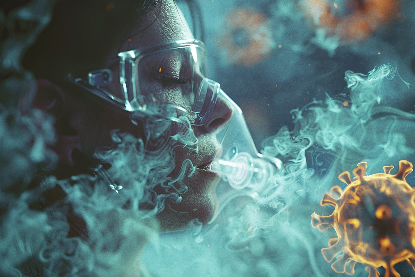 Medical visualization of a COVID-19 patient inhaling nebulised heparin through a nebulizer, symbolizing reduced lung injury and improved survival.