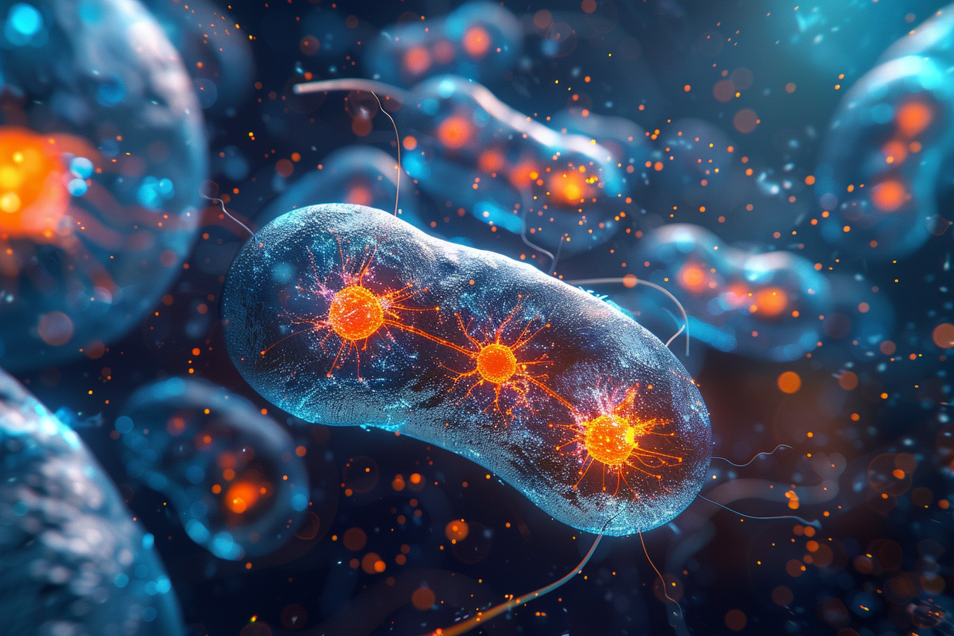 Microscopic 3D illustration showing Polymyxin B binding to an energized bacterial membrane, symbolizing how energy powers antibiotic killing.