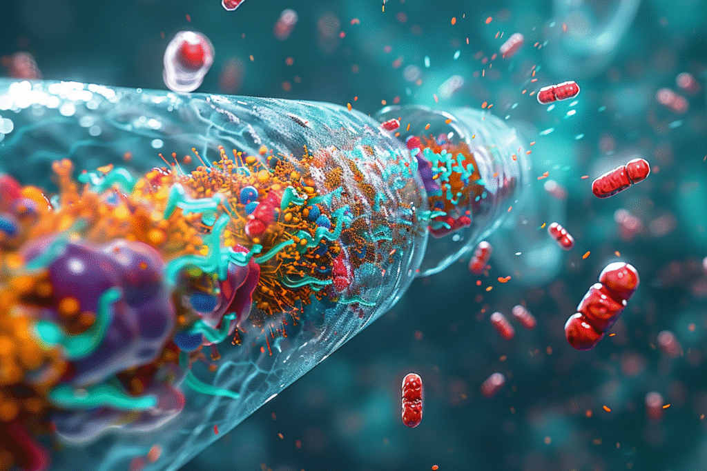 3D cutaway showing Polymyxin B’s two-step killing process: outer membrane damage followed by inner membrane collapse in bacteria.