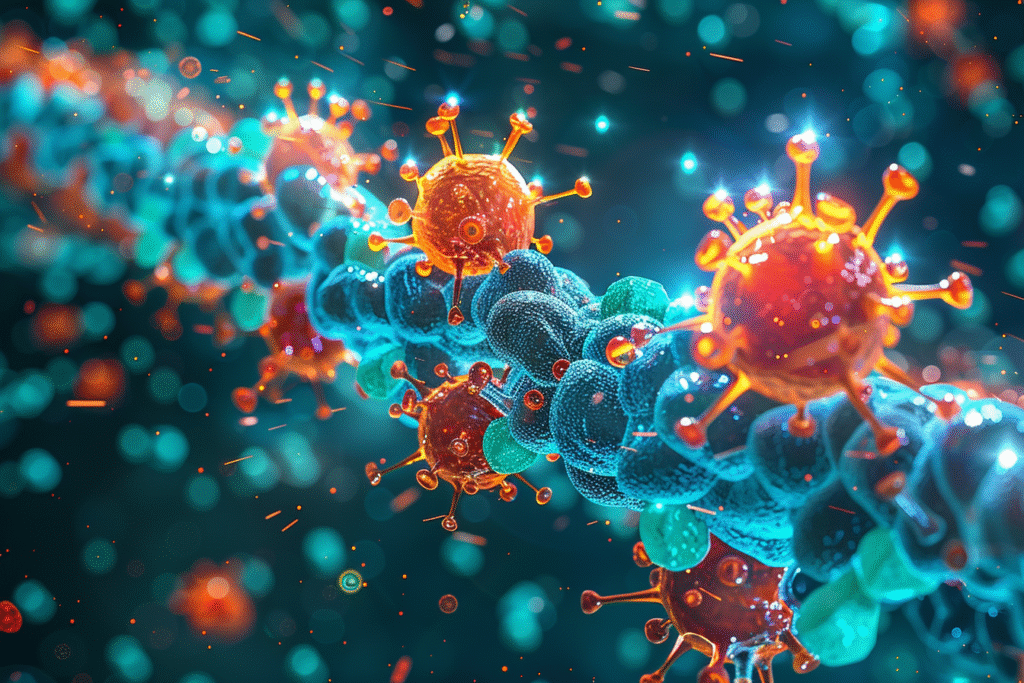 Scientific 3D illustration showing structure of super adjuvant lipid nanoparticles delivering STING and TLR4 agonists to boost anti tumor immunity.