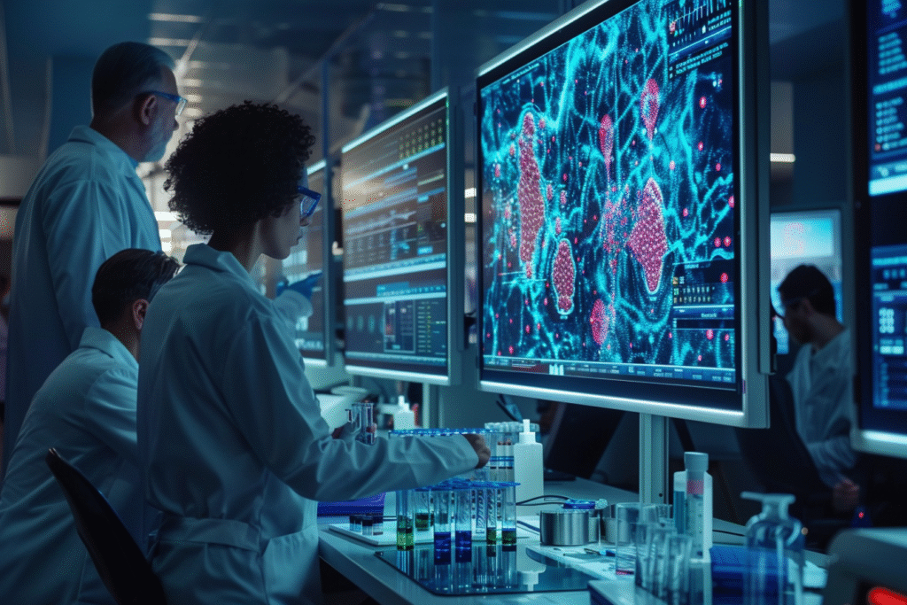 Futuristic lab scene showing researchers exploring EP2 receptor inhibitors as next-generation pain therapies.