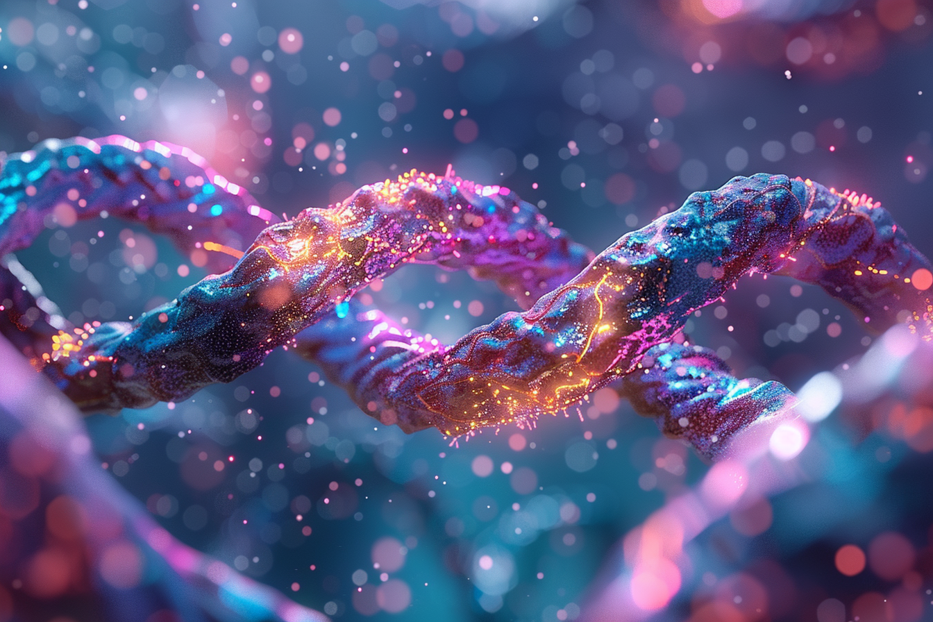 Chromosomes crossing over during meiosis with double Holliday junctions forming glowing DNA bridges, symbolizing genetic recombination.