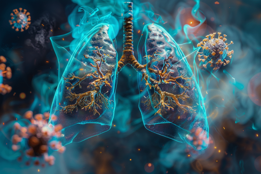 Illustration showing unfractionated heparin binding to coronavirus spike proteins in lung tissue to prevent viral entry and inflammation.