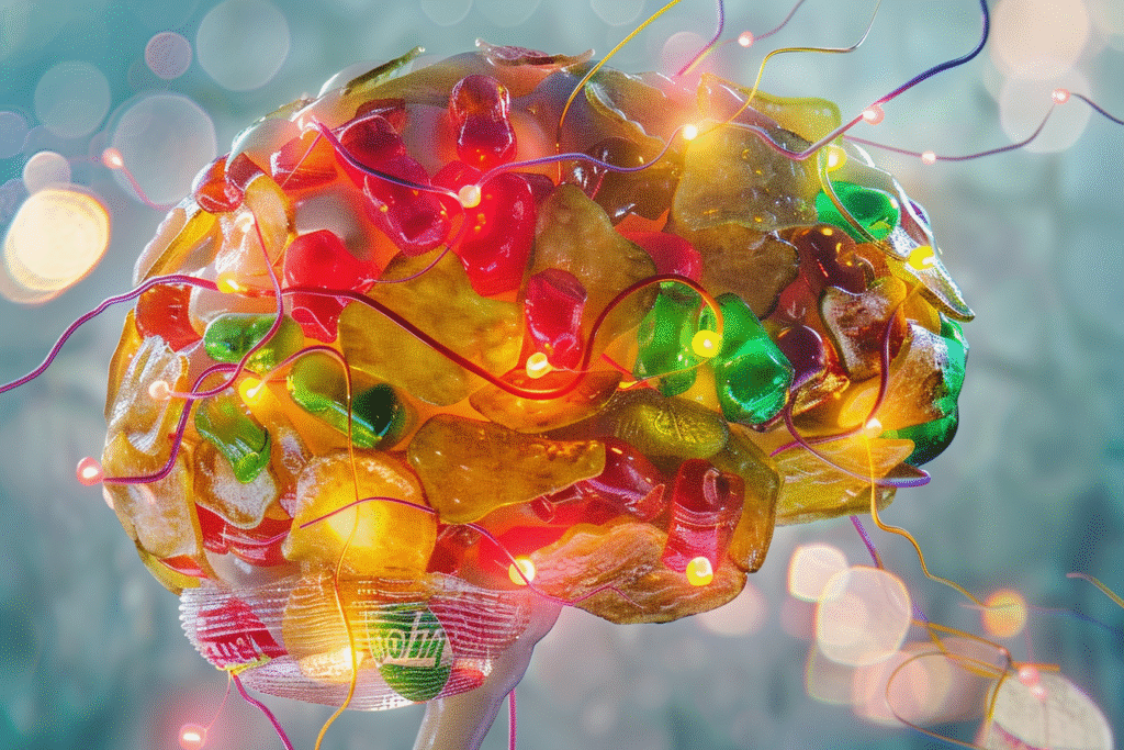 Conceptual image of a human brain made of colorful processed foods with glowing neural pathways, representing how sugar and fat stimulate addiction-related brain circuits.