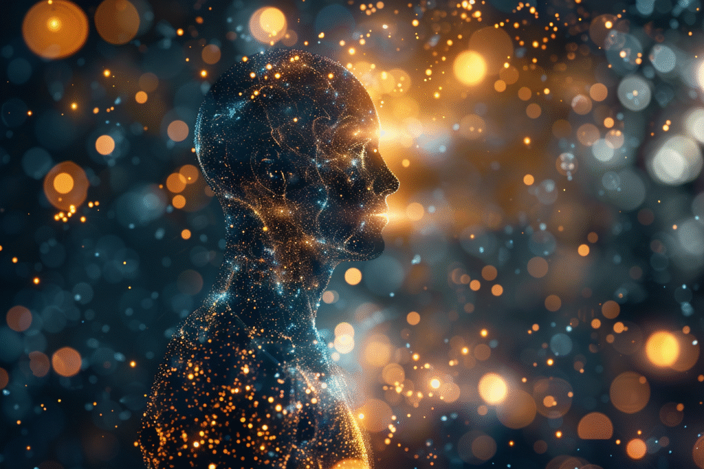 Conceptual art showing bacteria shaped like stars forming a circadian clock inside the human body, symbolizing the rhythmic link between microbes and sleep.