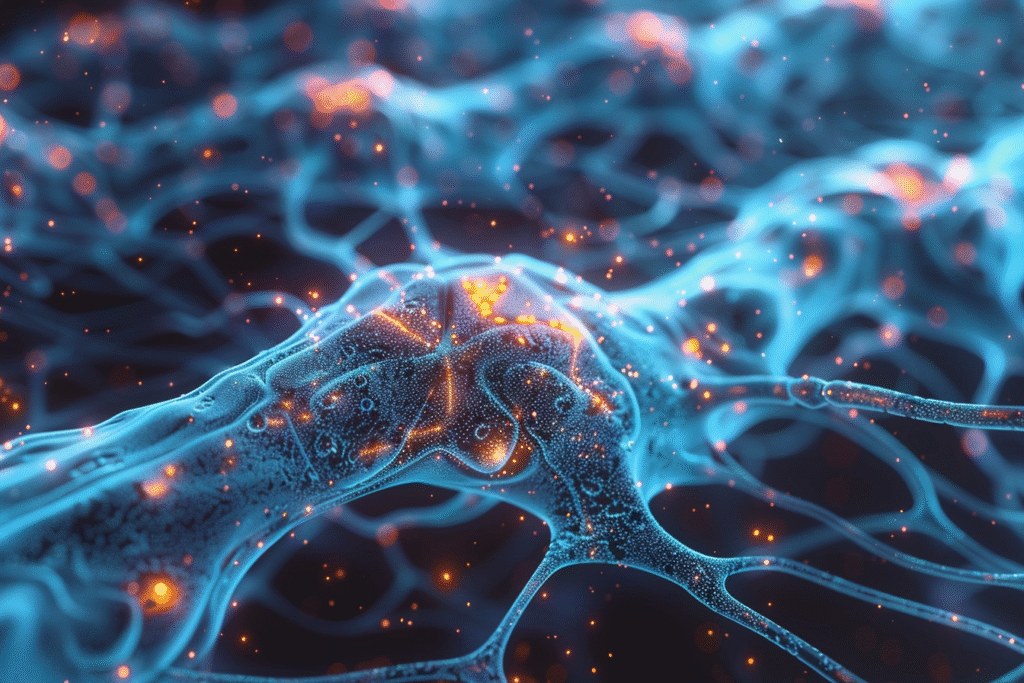 Scientific illustration highlighting cortical neurons with one glowing cluster representing the human-accelerated neuron type linked to autism.