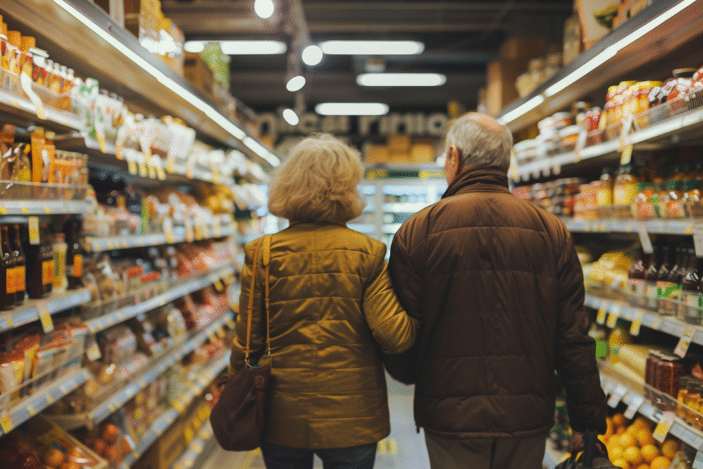 Elderly couple walking past grocery shelves filled with processed food packaging, illustrating awareness and prevention of ultra-processed food addiction among seniors.