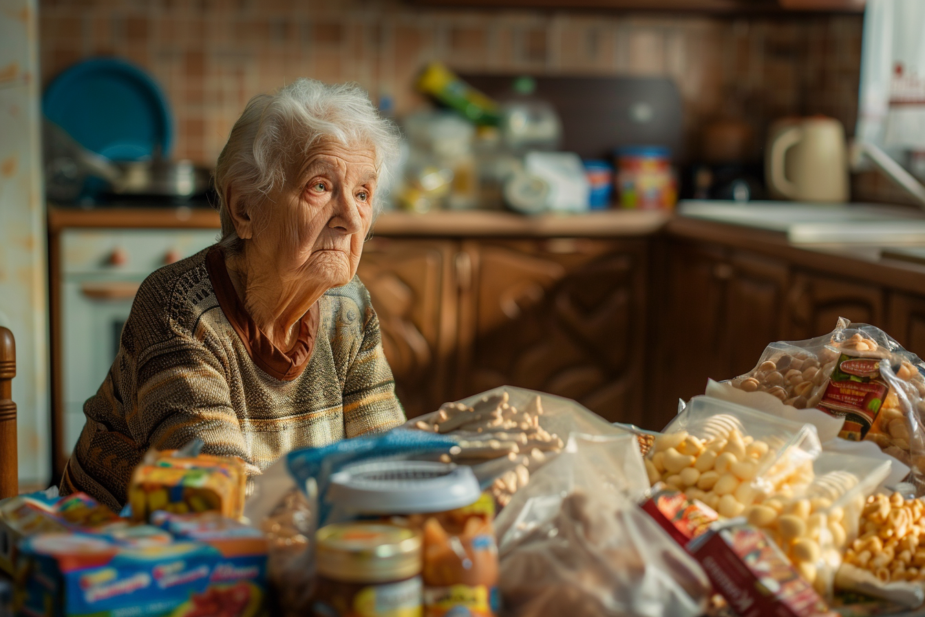 Elderly woman sitting alone at a kitchen table surrounded by packaged snacks, symbolizing the struggle with ultra-processed food addiction among older adults.