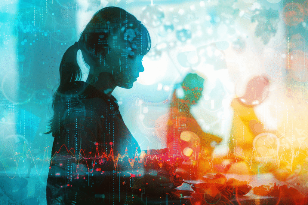 A timeline-style illustration showing pregnant women across history reacting to foods and scents, symbolizing the evolutionary roots of morning sickness.