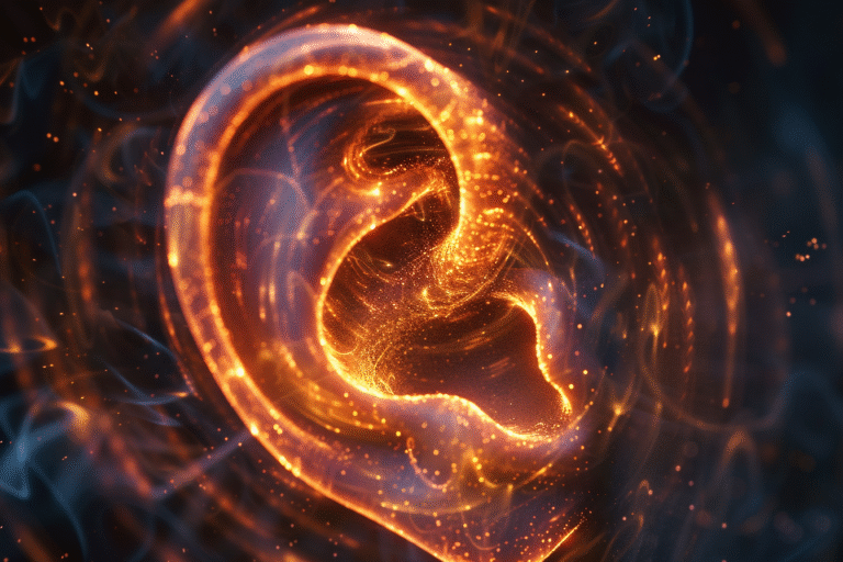 Artistic visualization of a human cochlea glowing like a spiral galaxy, illustrating how the ear amplifies sound through critical-state physics.