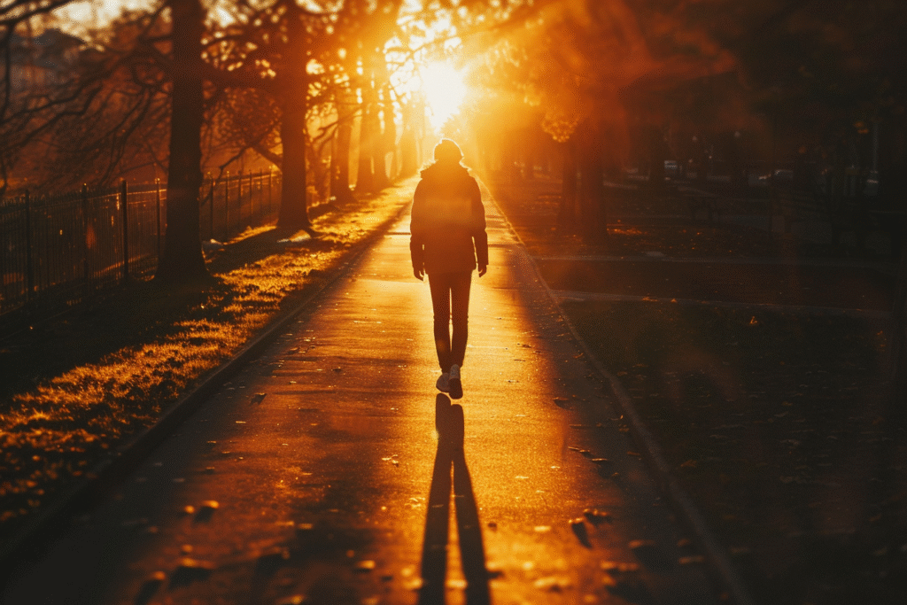 A person walking toward sunrise on an open path, symbolizing freedom, acceptance, and moving beyond guilt toward self-growth.